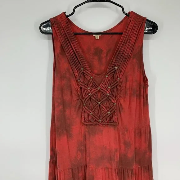 Reba Dress Red Tie Dye V Neck Sleeveless Midi Tiered Ruffle Boho - Picture 2 of 8